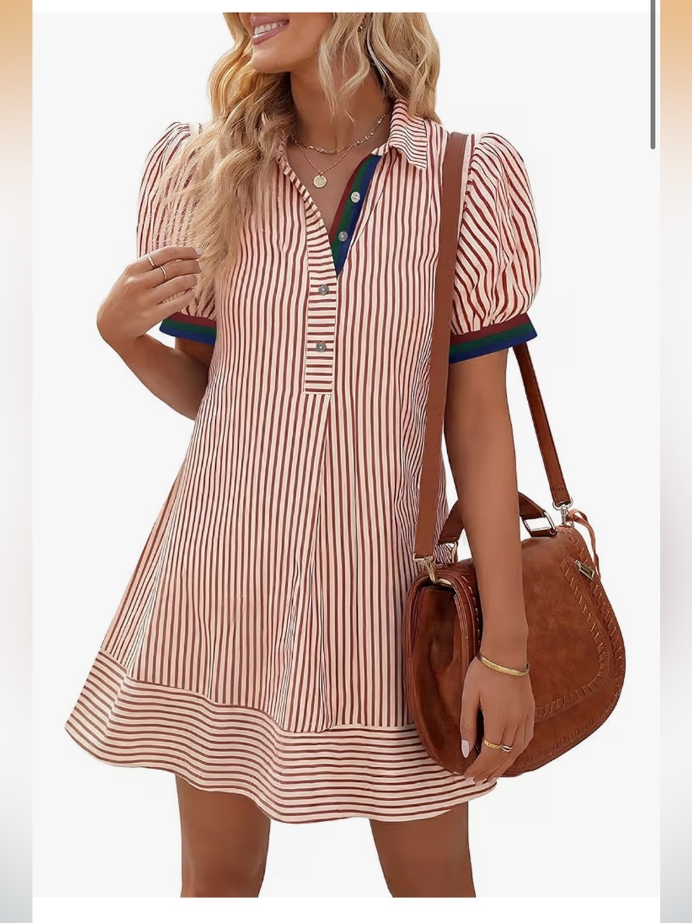 NWT Wenrine Womens Seersucker Summer Striped Mini Puff Short Sleeve Dress